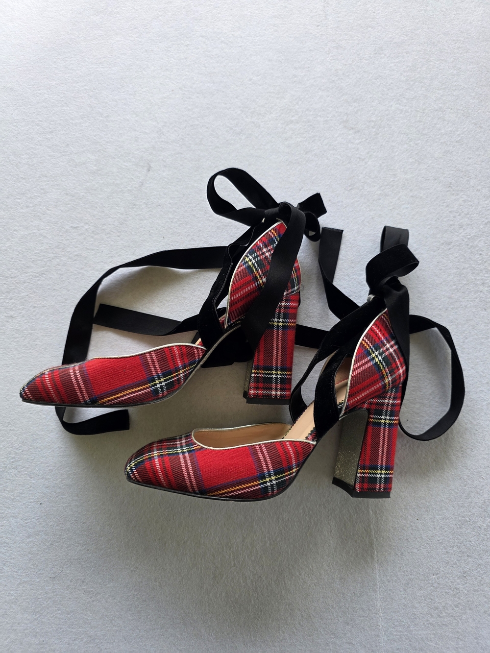 Preppy Holiday J. Crew Red Plaid TarJ. Crew Red Plaid Tie-Ankle Block Heel Pumps
